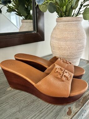 Tory Burch Cognac Leather Wedge Slide Sandals